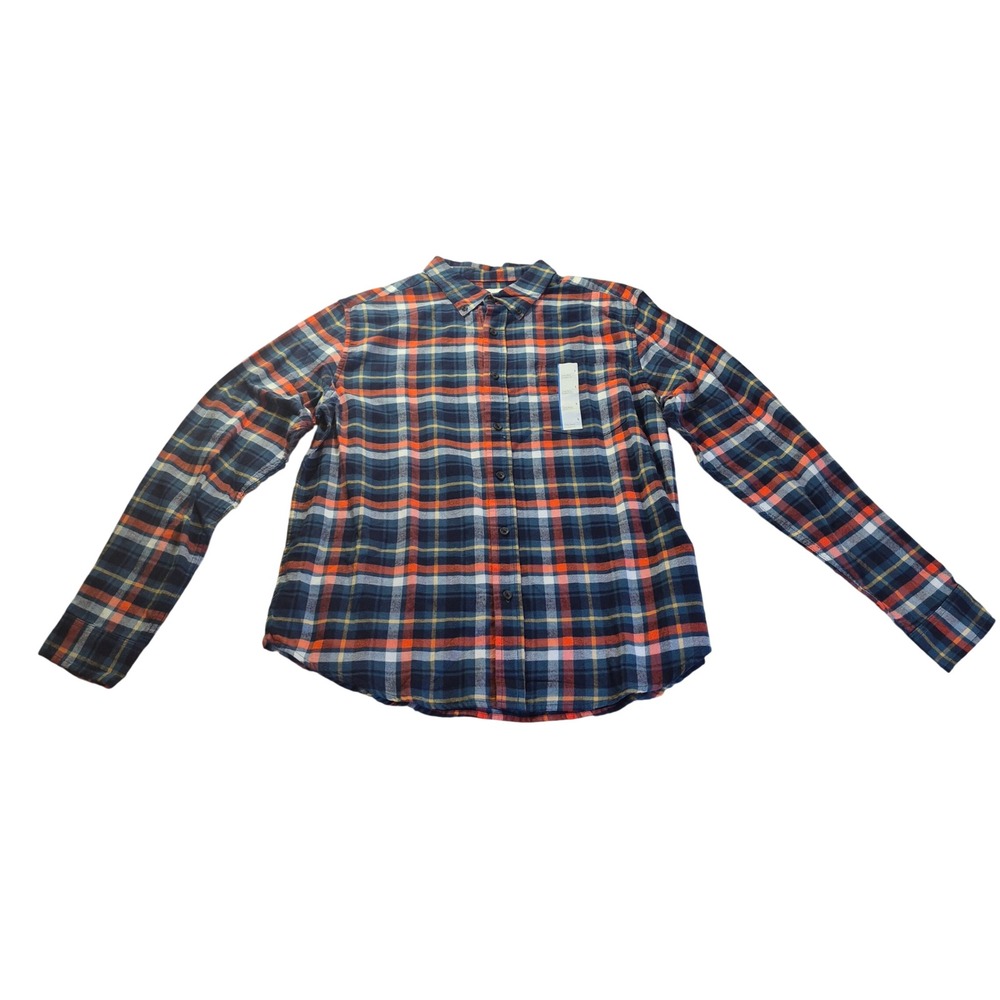 Goodfellow & Co Standard Fit 043162554 Mens L Blue Orange Plaid Flannel Shirt